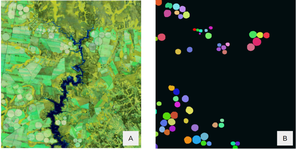 A) Mosaico Landsat 8 OLI com composição temporal de índice de vegetação NDVI que serviu de input para o treinamento e predição do modelo. B) resultado do modelo com segmentação de instâncias aplicado ao mosaico em A.